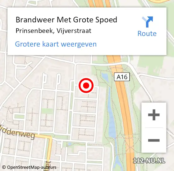 Locatie op kaart van de 112 melding: Brandweer Met Grote Spoed Naar Prinsenbeek, Vijverstraat op 13 september 2019 03:57