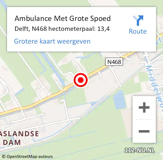 Locatie op kaart van de 112 melding: Ambulance Met Grote Spoed Naar Delft, N468 hectometerpaal: 13,4 op 13 april 2014 18:53