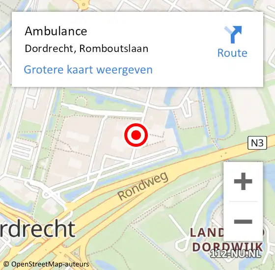 Locatie op kaart van de 112 melding: Ambulance Dordrecht, Romboutslaan op 14 september 2019 23:48