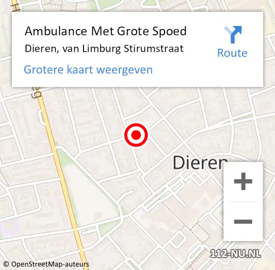 Locatie op kaart van de 112 melding: Ambulance Met Grote Spoed Naar Dieren, van Limburg Stirumstraat op 15 september 2019 08:06