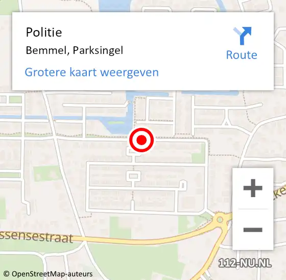 Locatie op kaart van de 112 melding: Politie Bemmel, Parksingel op 16 september 2019 08:02