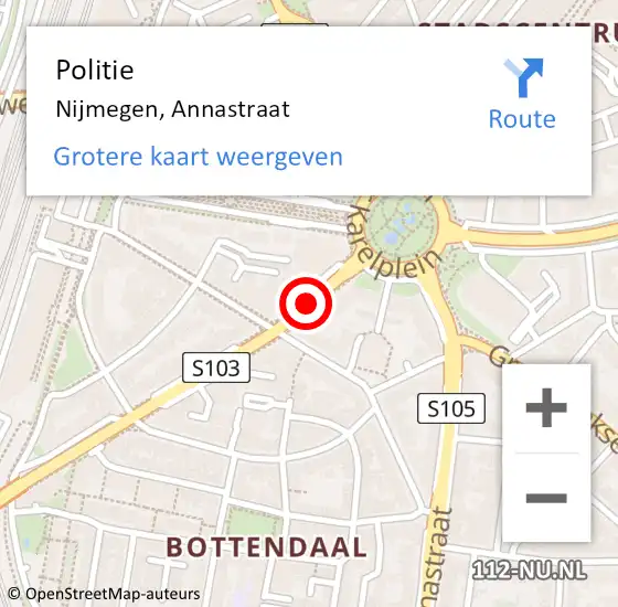 Locatie op kaart van de 112 melding: Politie Nijmegen, Annastraat op 18 september 2019 21:56