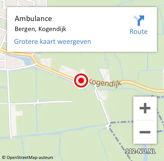 Locatie op kaart van de 112 melding: Ambulance Bergen, Kogendijk op 20 september 2019 10:41