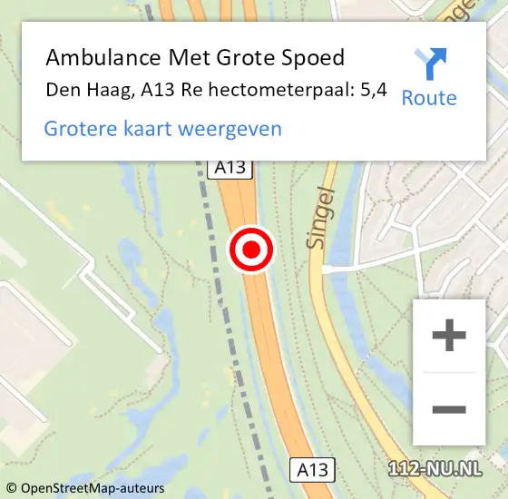 Locatie op kaart van de 112 melding: Ambulance Met Grote Spoed Naar Den Haag, A13 Re hectometerpaal: 5,4 op 25 september 2019 21:01
