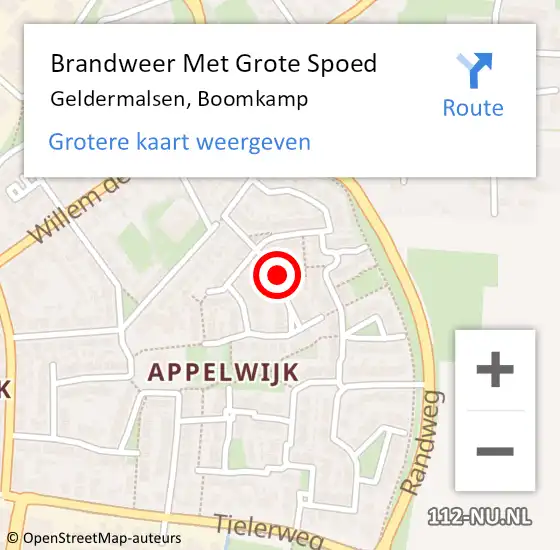 Locatie op kaart van de 112 melding: Brandweer Met Grote Spoed Naar Geldermalsen, Boomkamp op 28 september 2019 00:58