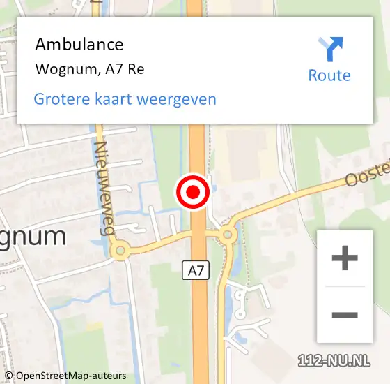 Locatie op kaart van de 112 melding: Ambulance Wognum, A7 Li op 28 september 2019 12:50
