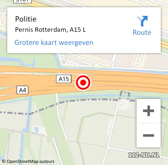 Locatie op kaart van de 112 melding: Politie Pernis Rotterdam, A15 L op 1 oktober 2019 07:57