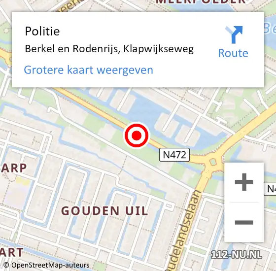 Locatie op kaart van de 112 melding: Politie Berkel en Rodenrijs, Klapwijkseweg op 2 oktober 2019 16:32