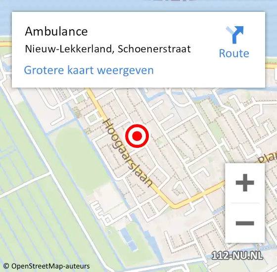 Locatie op kaart van de 112 melding: Ambulance Nieuw-Lekkerland, Schoenerstraat op 3 oktober 2019 00:05