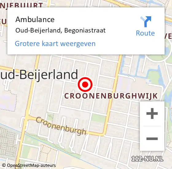 Locatie op kaart van de 112 melding: Ambulance Oud-Beijerland, Begoniastraat op 4 oktober 2019 13:13