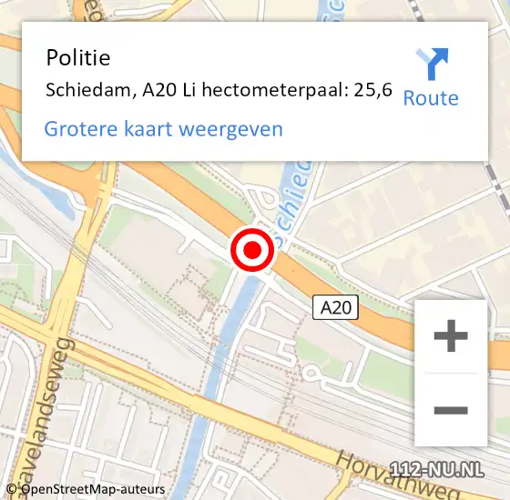 Locatie op kaart van de 112 melding: Politie Schiedam, A20 Li hectometerpaal: 25,6 op 8 oktober 2019 06:46