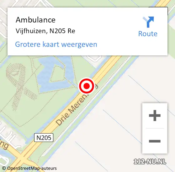 Locatie op kaart van de 112 melding: Ambulance Vijfhuizen, N205 Re op 9 oktober 2019 06:52