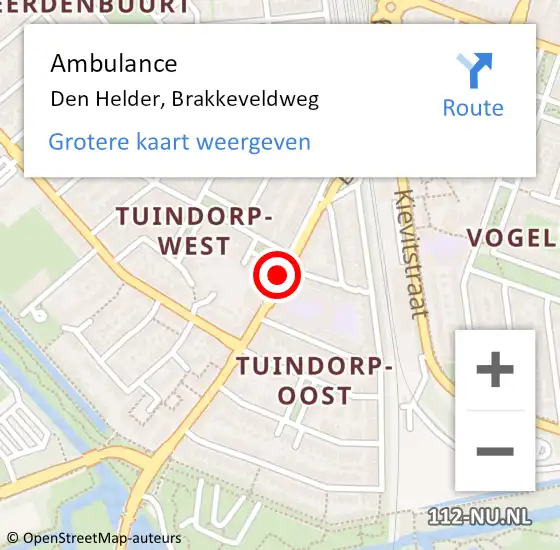 Locatie op kaart van de 112 melding: Ambulance Den Helder, Brakkeveldweg op 9 oktober 2019 19:08