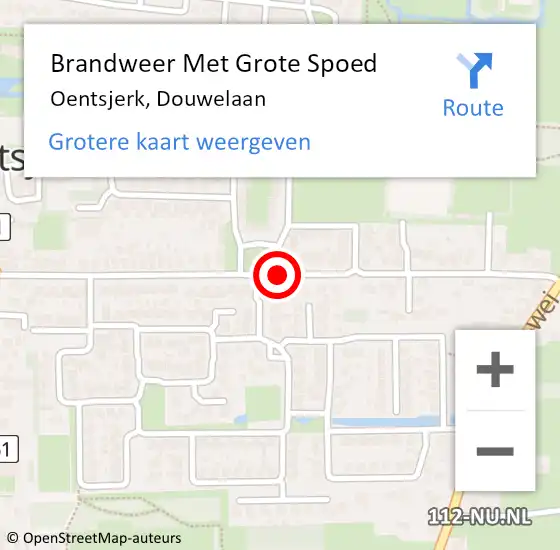 Locatie op kaart van de 112 melding: Brandweer Met Grote Spoed Naar Oentsjerk, Douwelaan op 9 oktober 2019 20:04