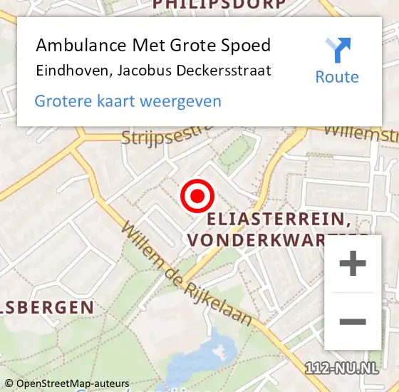Locatie op kaart van de 112 melding: Ambulance Met Grote Spoed Naar Eindhoven, Jacobus Deckersstraat op 10 oktober 2019 00:03