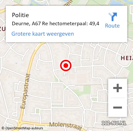 Locatie op kaart van de 112 melding: Politie Deurne, A67 Re hectometerpaal: 49,4 op 11 oktober 2019 13:08
