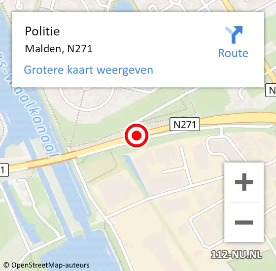 Locatie op kaart van de 112 melding: Politie Malden, N271 op 11 oktober 2019 17:51