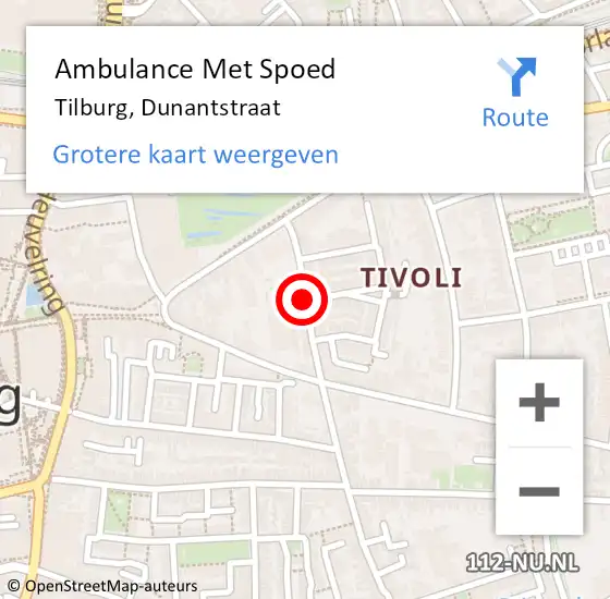 Locatie op kaart van de 112 melding: Ambulance Met Spoed Naar Tilburg, Dunantstraat op 12 oktober 2019 19:32