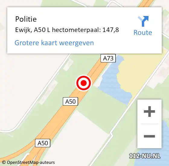 Locatie op kaart van de 112 melding: Politie Ewijk, A50 L hectometerpaal: 147,8 op 13 oktober 2019 07:50