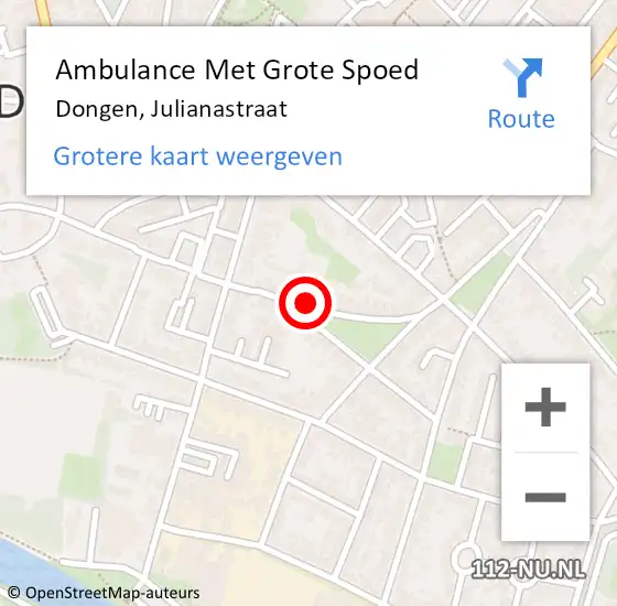 Locatie op kaart van de 112 melding: Ambulance Met Grote Spoed Naar Dongen, Julianastraat op 15 oktober 2019 23:28