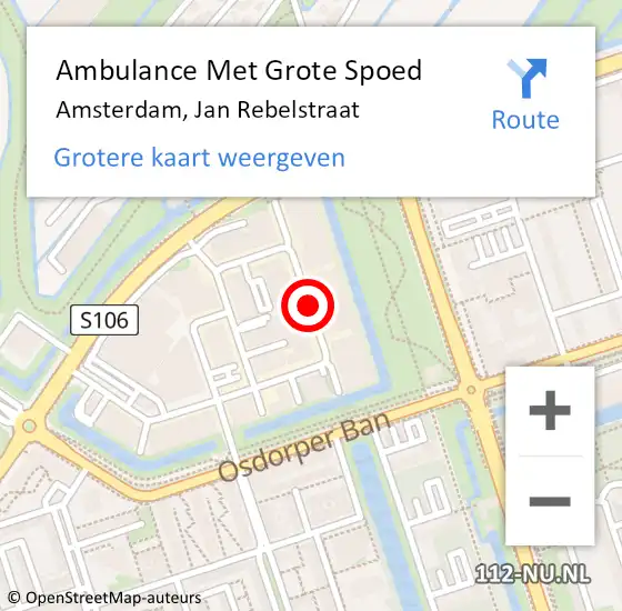 Locatie op kaart van de 112 melding: Ambulance Met Grote Spoed Naar Amsterdam, Jan Rebelstraat op 20 oktober 2019 19:43