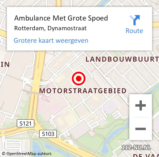 Locatie op kaart van de 112 melding: Ambulance Met Grote Spoed Naar Rotterdam, Dynamostraat op 23 oktober 2019 18:36