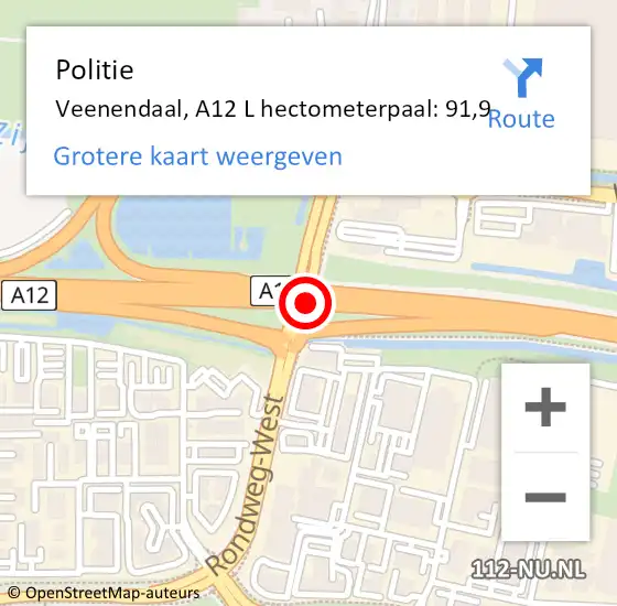 Locatie op kaart van de 112 melding: Politie Veenendaal, A12 Li hectometerpaal: 91,7 op 26 oktober 2019 17:24