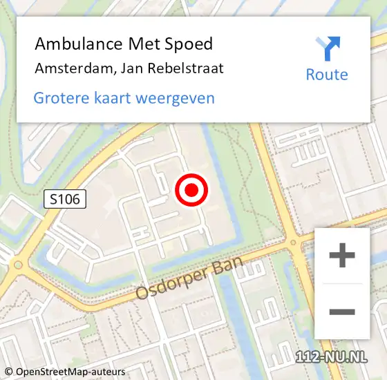 Locatie op kaart van de 112 melding: Ambulance Met Spoed Naar Amsterdam, Jan Rebelstraat op 28 oktober 2019 22:35