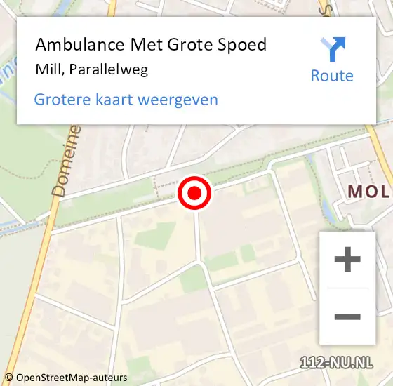 Locatie op kaart van de 112 melding: Ambulance Met Grote Spoed Naar Mill, Parallelweg op 29 oktober 2019 22:14