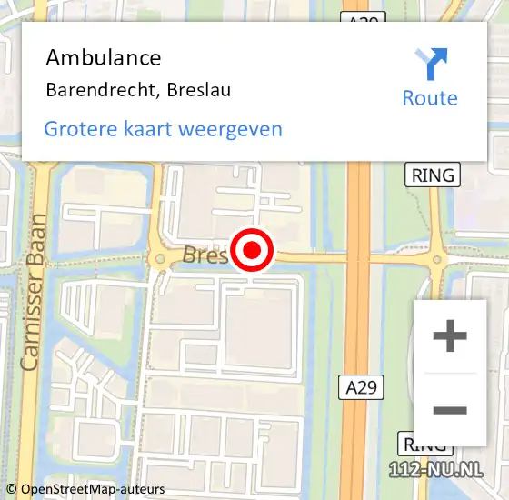Locatie op kaart van de 112 melding: Ambulance Barendrecht, Breslau op 1 november 2019 13:38