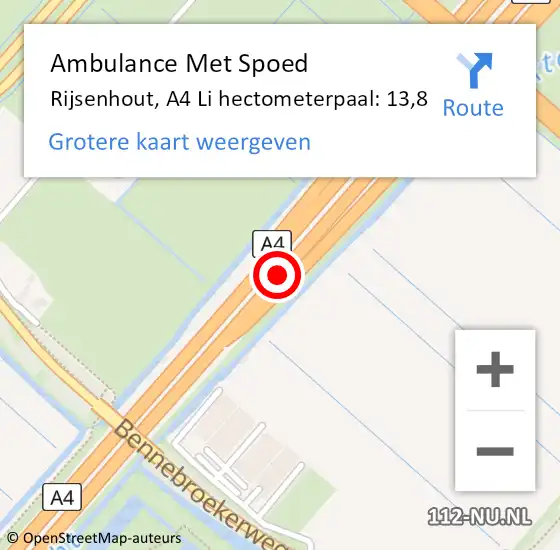 Locatie op kaart van de 112 melding: Ambulance Met Spoed Naar Rijsenhout, A4 Li hectometerpaal: 13,8 op 1 november 2019 17:52