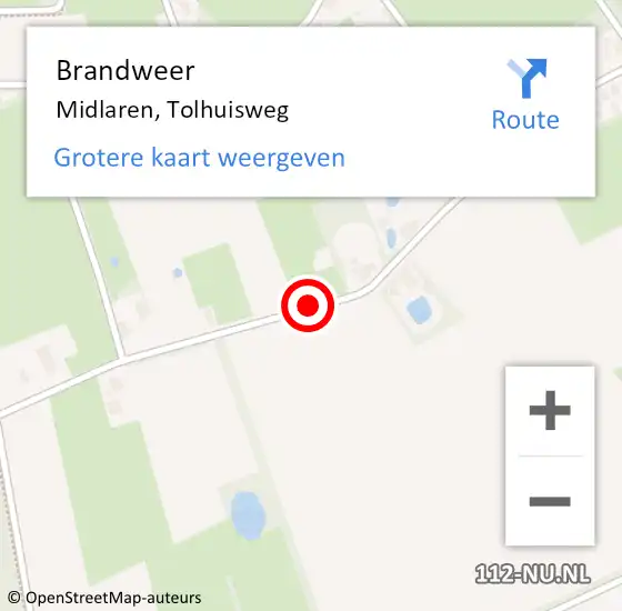 Locatie op kaart van de 112 melding: Brandweer Midlaren, Tolhuisweg op 18 april 2014 17:08
