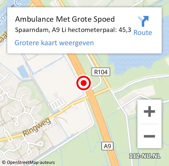Locatie op kaart van de 112 melding: Ambulance Met Grote Spoed Naar Spaarndam, A9 Li hectometerpaal: 45,3 op 13 november 2019 07:45