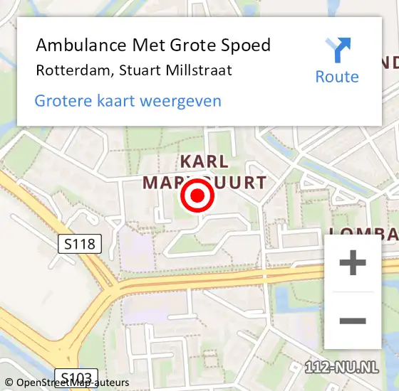 Locatie op kaart van de 112 melding: Ambulance Met Grote Spoed Naar Rotterdam, Stuart Millstraat op 17 november 2019 07:10