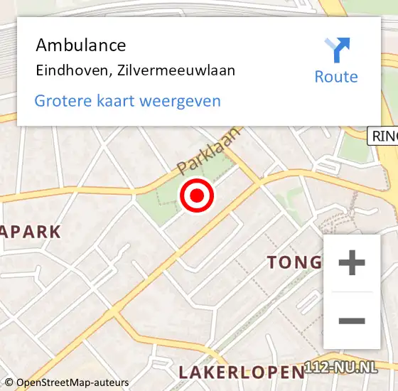 Locatie op kaart van de 112 melding: Ambulance Eindhoven, Zilvermeeuwlaan op 19 november 2019 07:34