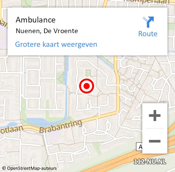Locatie op kaart van de 112 melding: Ambulance Nuenen, De Vroente op 19 november 2019 13:06