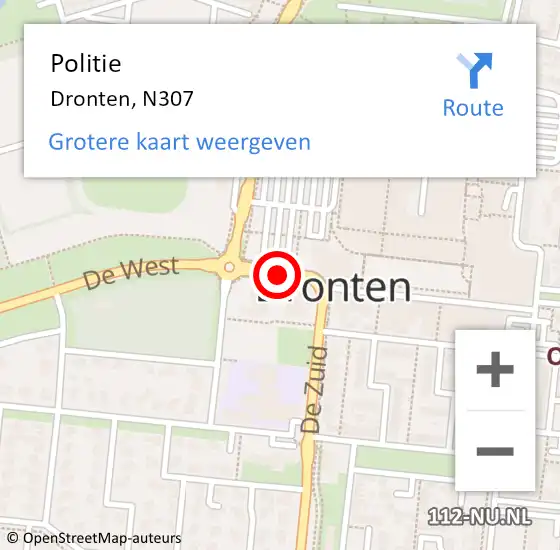 Locatie op kaart van de 112 melding: Politie Dronten, N307 op 19 november 2019 16:45