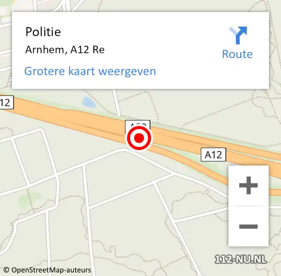 Locatie op kaart van de 112 melding: Politie Arnhem, A12 Re op 20 november 2019 08:15