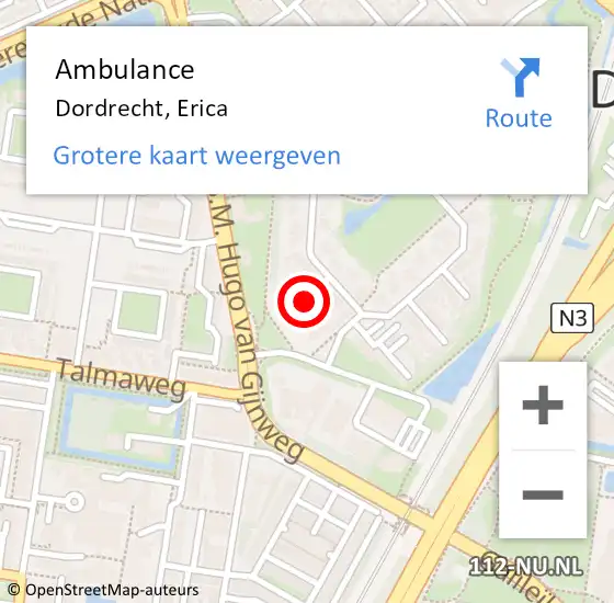 Locatie op kaart van de 112 melding: Ambulance Dordrecht, Erica op 22 november 2019 16:36