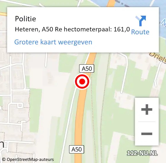 Locatie op kaart van de 112 melding: Politie Heteren, A50 Re hectometerpaal: 161,0 op 26 november 2019 01:01