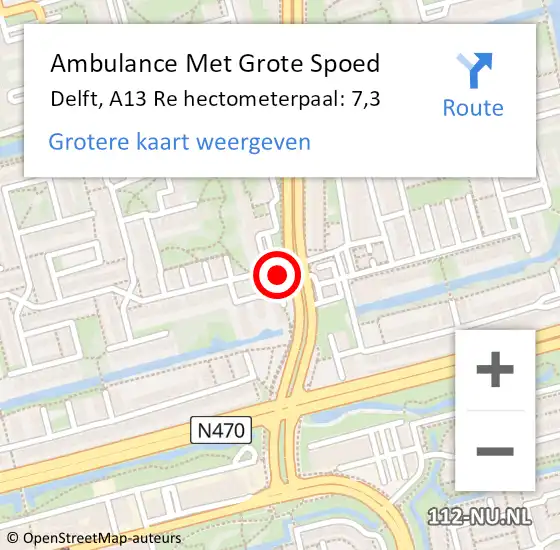 Locatie op kaart van de 112 melding: Ambulance Met Grote Spoed Naar Delft, A13 Re hectometerpaal: 7,3 op 29 november 2019 08:52