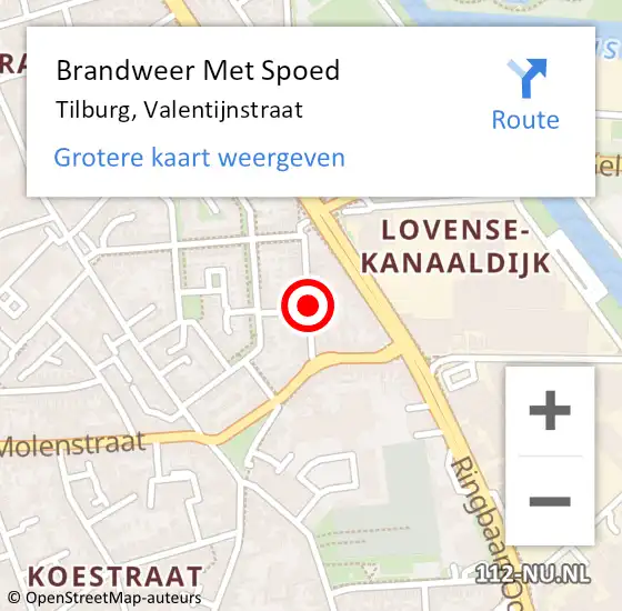Locatie op kaart van de 112 melding: Brandweer Met Spoed Naar Tilburg, Valentijnstraat op 1 december 2019 07:58