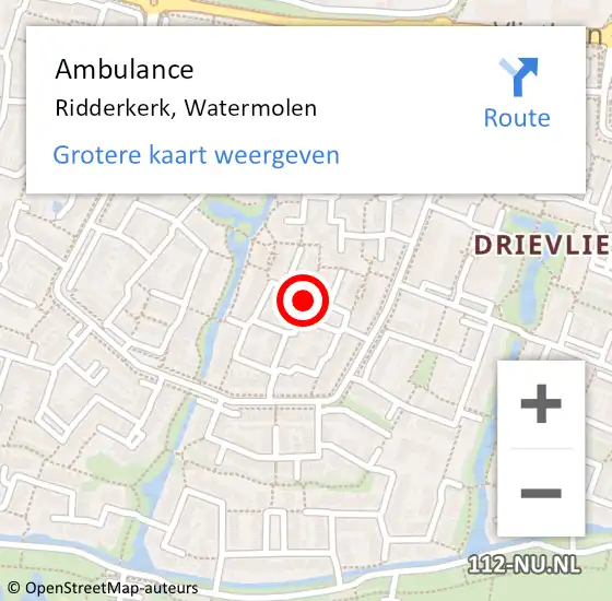 Locatie op kaart van de 112 melding: Ambulance Ridderkerk, Watermolen op 1 december 2019 11:53