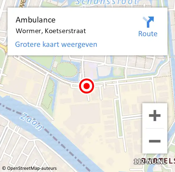 Locatie op kaart van de 112 melding: Ambulance Wormer, Koetserstraat op 1 december 2019 17:38