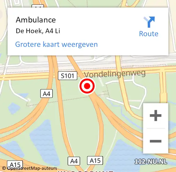 Locatie op kaart van de 112 melding: Ambulance De Hoek, A4 Li op 6 december 2019 21:01