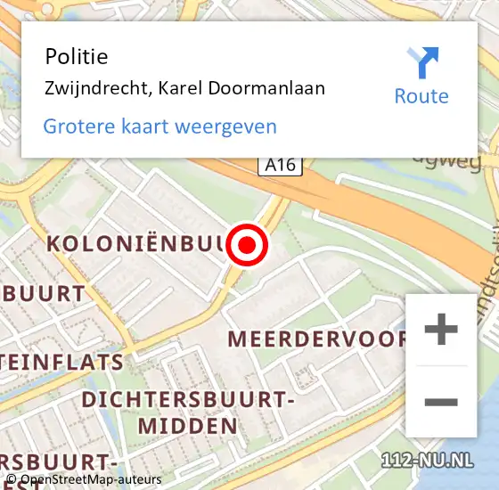 Locatie op kaart van de 112 melding: Politie Zwijndrecht, Karel Doormanlaan op 9 december 2019 13:16