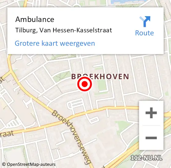 Locatie op kaart van de 112 melding: Ambulance Tilburg, Van Hessen-Kasselstraat op 12 december 2019 16:36
