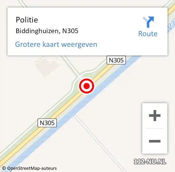 Locatie op kaart van de 112 melding: Politie Biddinghuizen, N305 op 13 december 2019 16:12