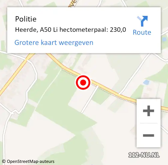 Locatie op kaart van de 112 melding: Politie Heerde, A50 Li hectometerpaal: 230,0 op 22 december 2019 04:07