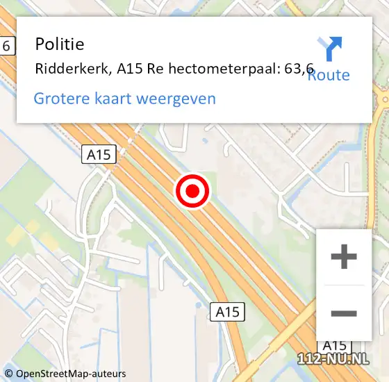 Locatie op kaart van de 112 melding: Politie Ridderkerk, A15 Re hectometerpaal: 63,4 op 31 december 2019 10:36